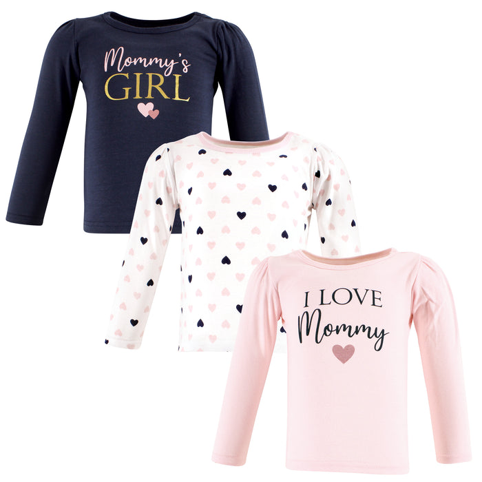Hudson Baby Infant Girl Long Sleeve T-Shirts, Girl Mommy Pink Navy, 3-Pack
