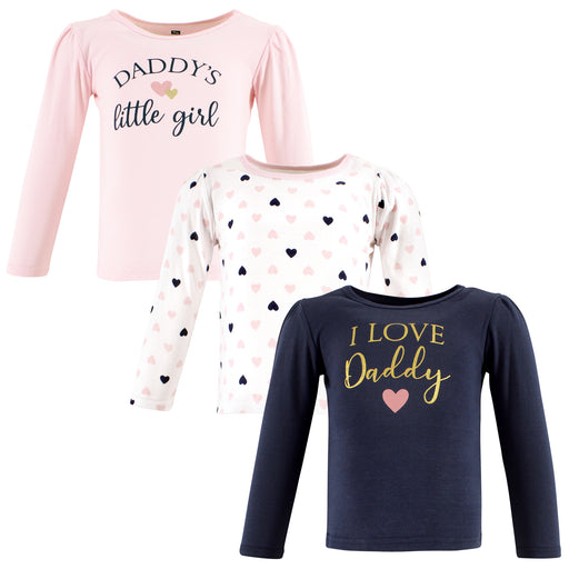 Hudson Baby Infant Girl Long Sleeve T-Shirts, Girl Daddy Pink Navy, 3-Pack
