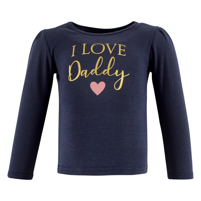 Hudson Baby Infant Girl Long Sleeve T-Shirts, Girl Daddy Pink Navy, 3-Pack