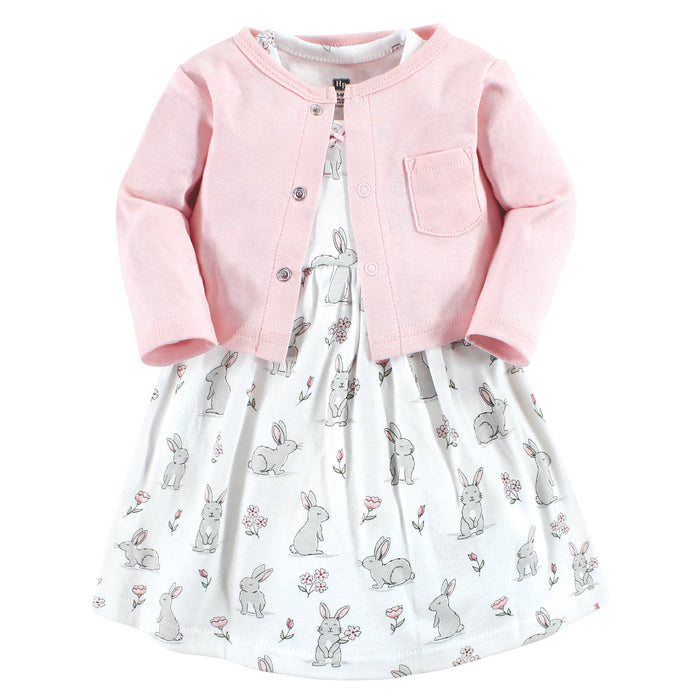 Hudson Baby Infant and Toddler Girl Cotton Dress and Cardigan Set, Bunny Floral