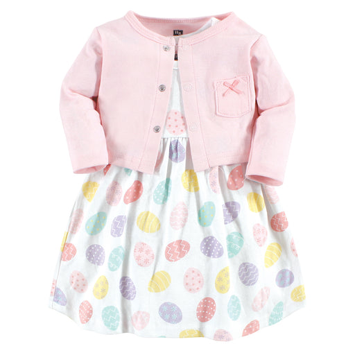 Hudson Baby Infant and Toddler Girl Cotton Dress and Cardigan Set, Easter Eggs