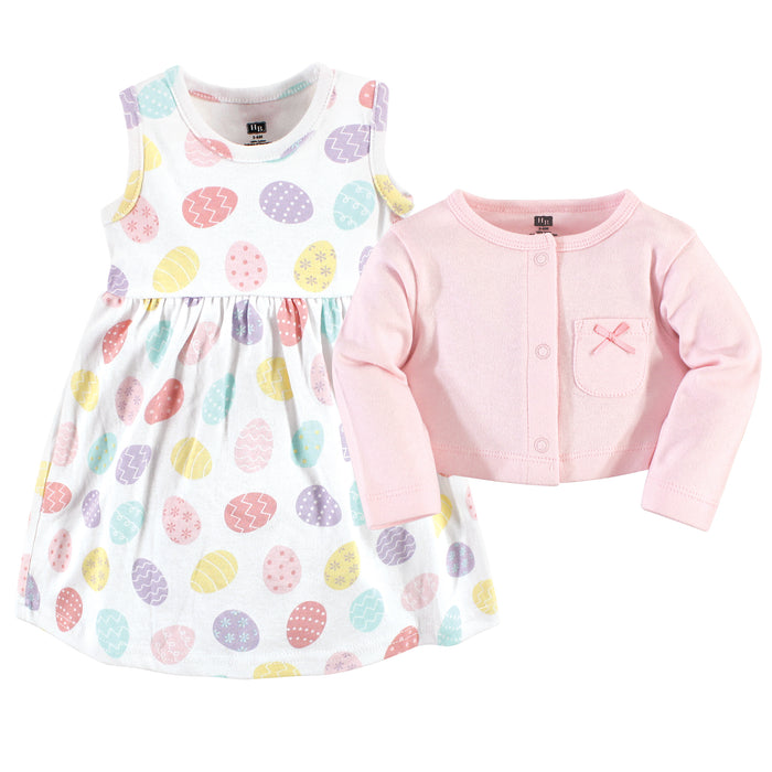 Hudson Baby Infant and Toddler Girl Cotton Dress and Cardigan Set, Easter Eggs