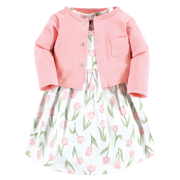 Hudson Baby Infant and Toddler Girl Cotton Dress and Cardigan Set, Pink Tulips