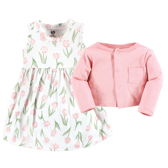 Hudson Baby Infant and Toddler Girl Cotton Dress and Cardigan Set, Pink Tulips