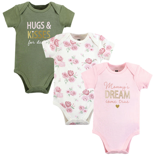 Hudson Baby Infant Girl Cotton Bodysuits, Mom Dad Floral, 3-Pack