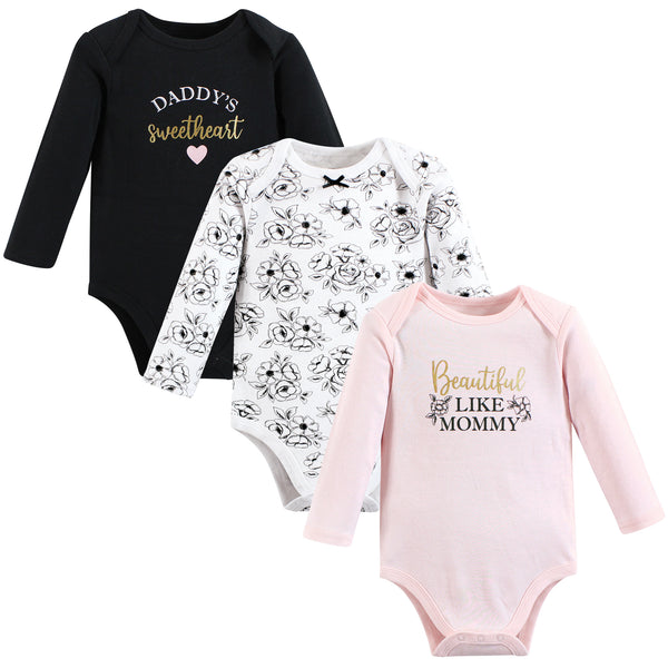 Hudson Baby Infant Girl Cotton Long-Sleeve Bodysuits, Mom Dad Toile