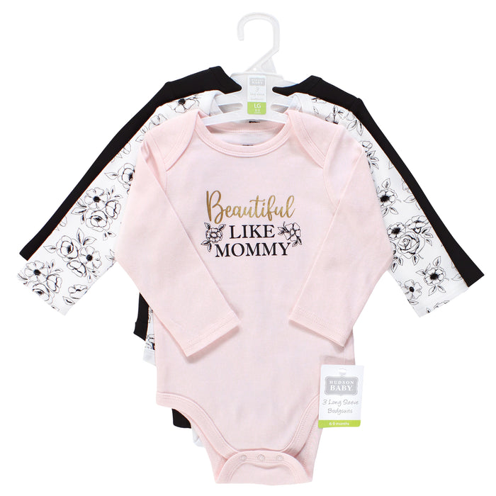 Hudson Baby Infant Girl Cotton Long-Sleeve Bodysuits, Mom Dad Toile