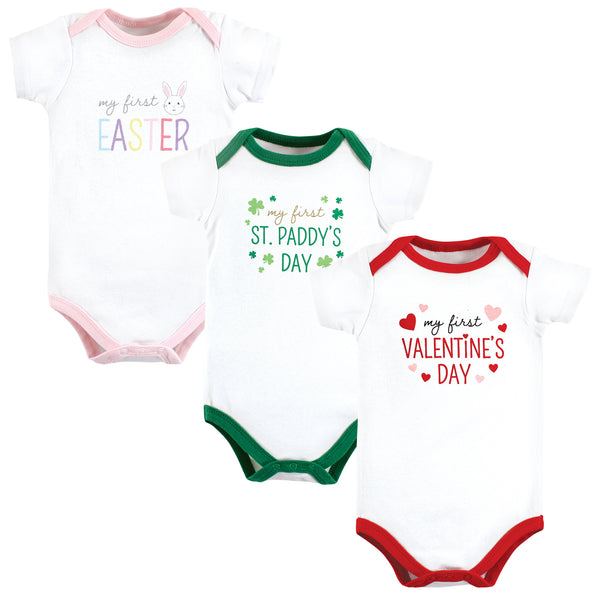 Hudson Baby Cotton Bodysuits, Girl First Valentine Easter 3 Pack