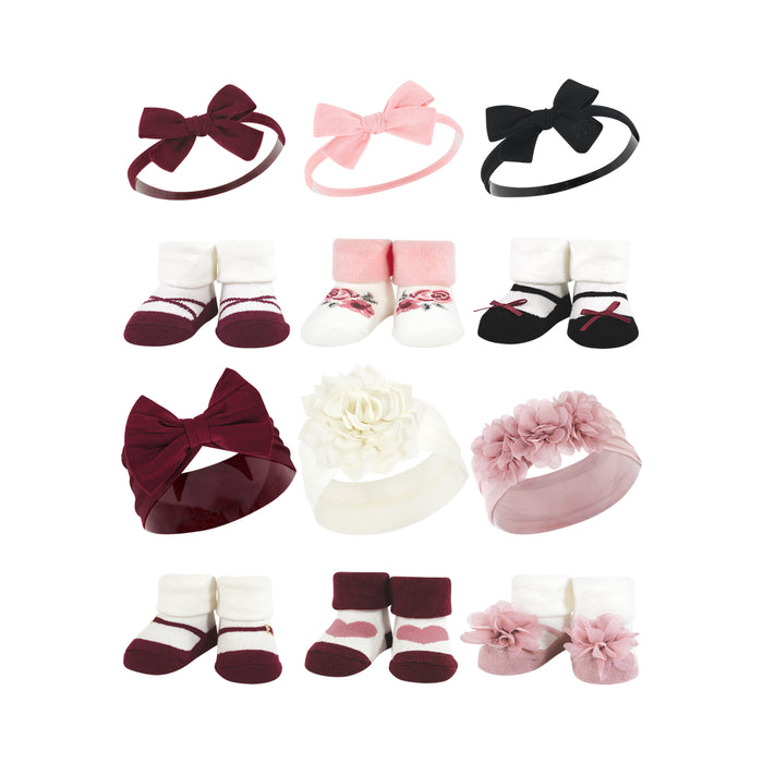 Hudson Baby 12 Piece Headband and Socks Giftset, Blush Burgundy Black, One Size