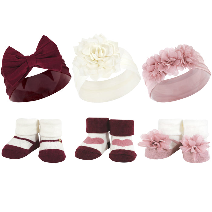 Hudson Baby 12 Piece Headband and Socks Giftset, Blush Burgundy Black, One Size