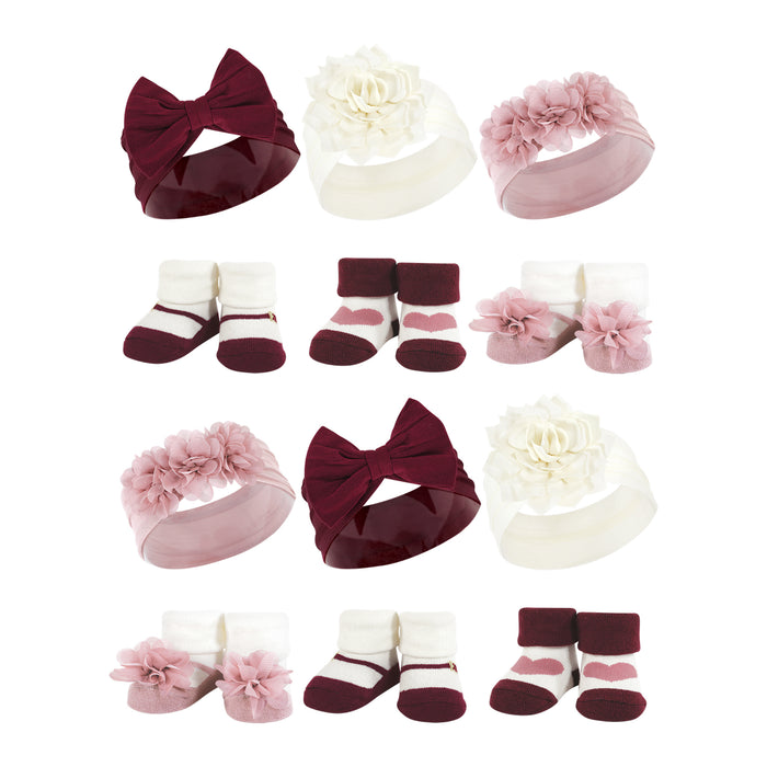 Hudson Baby 12 Piece Headband and Socks Giftset, Burgundy Blush, One Size