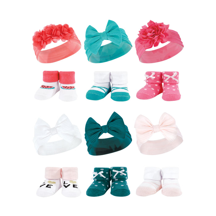 Hudson Baby 12 Piece Headband and Socks Giftset, Coral Teal Pink, One Size