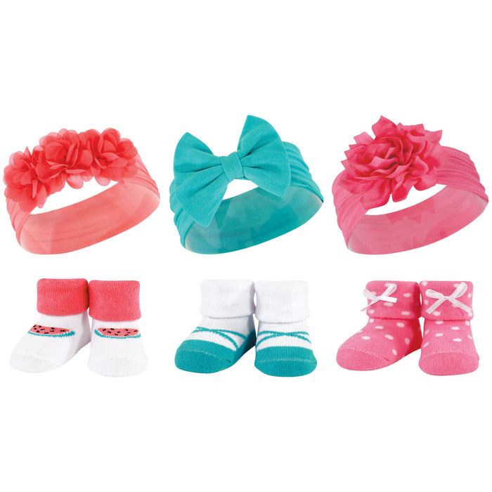 Hudson Baby Headband and Socks Giftset, Teal Coral, One Size
