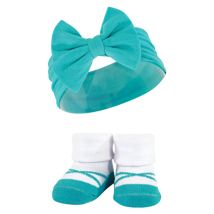 Hudson Baby Headband and Socks Giftset, Teal Coral, One Size