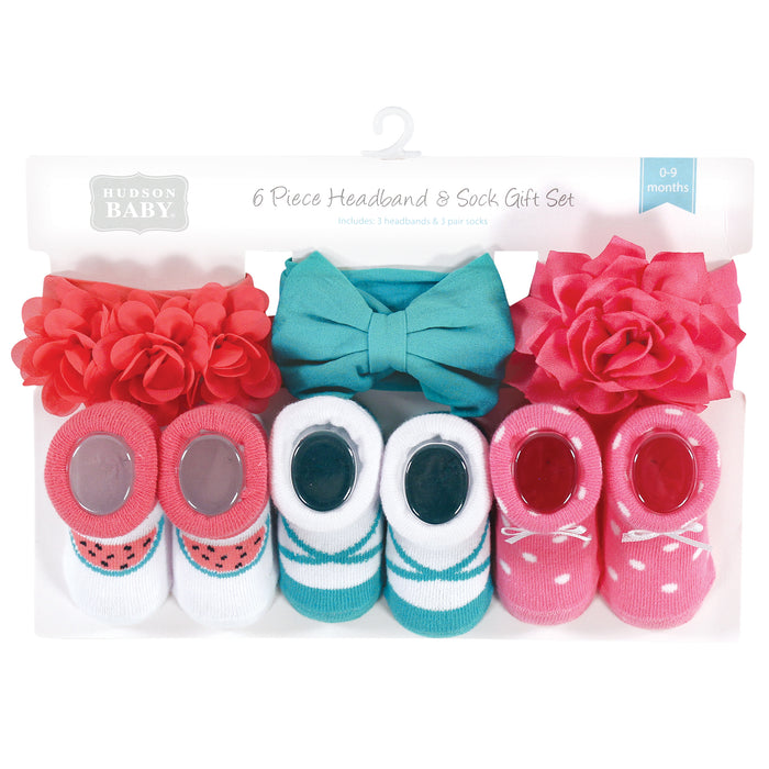 Hudson Baby Headband and Socks Giftset, Teal Coral, One Size