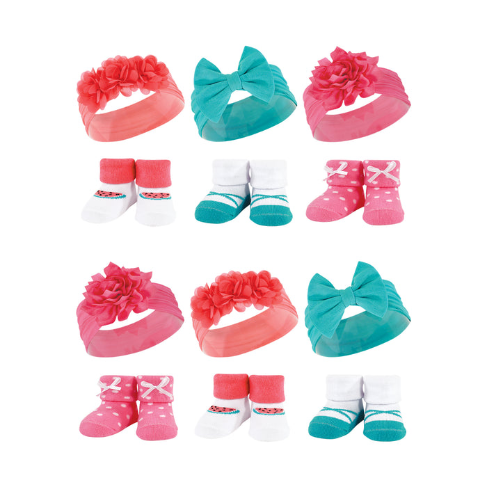 Hudson Baby 12 Piece Headband and Socks Giftset, Teal Coral, One Size