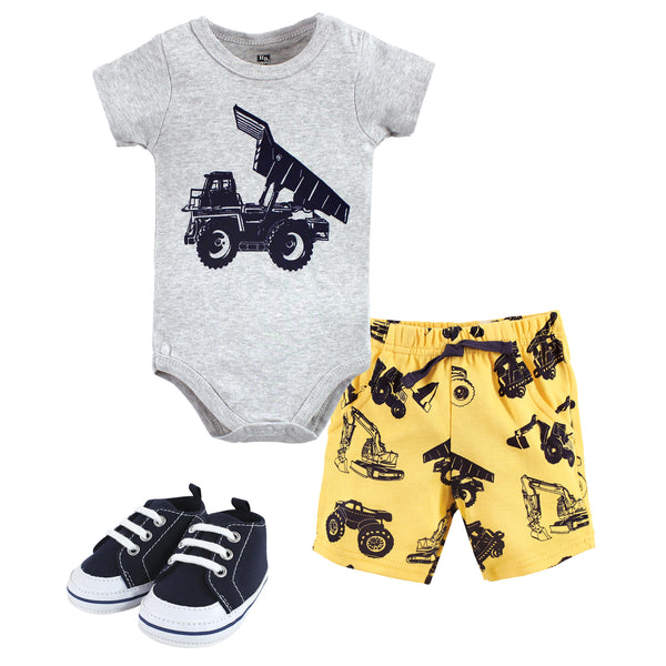 Hudson Baby Infant Boy Cotton Bodysuit, Shorts and Shoe Set, Construction Trucks