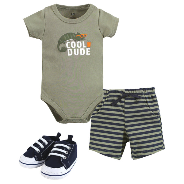 Hudson Baby Infant Boy Cotton Bodysuit, Shorts and Shoe Set, Cool Dude