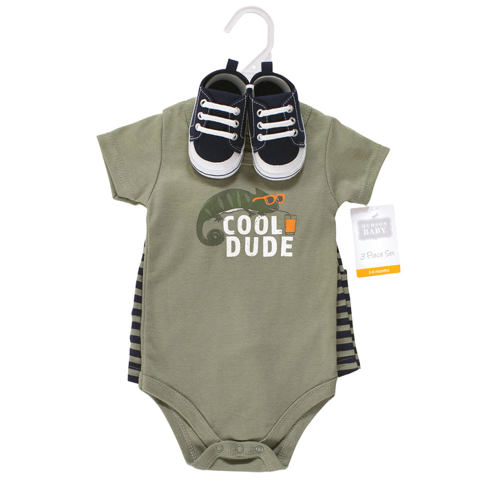 Hudson Baby Infant Boy Cotton Bodysuit, Shorts and Shoe Set, Cool Dude