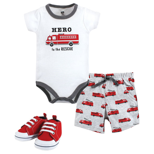 Hudson Baby Infant Boy Cotton Bodysuit, Shorts and Shoe Set, Firetruck Hero