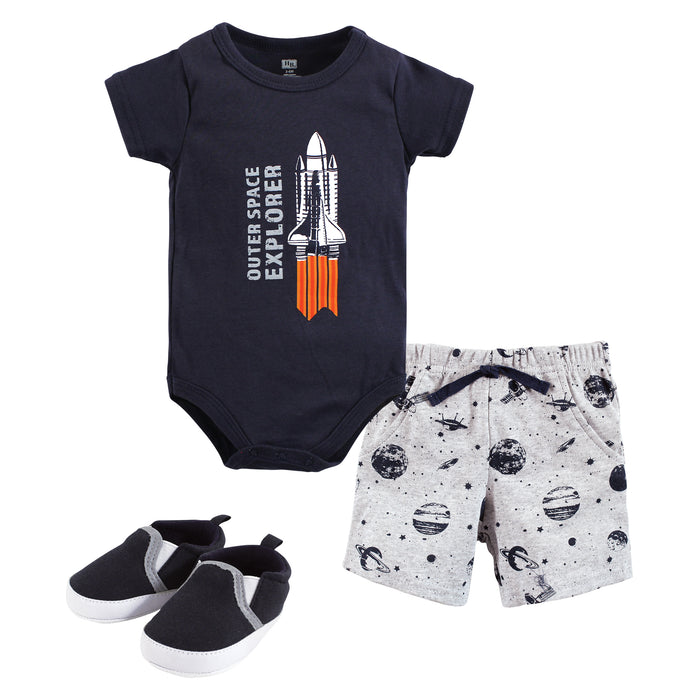 Hudson Baby Infant Boy Cotton Bodysuit, Shorts and Shoe Set, Outer Space