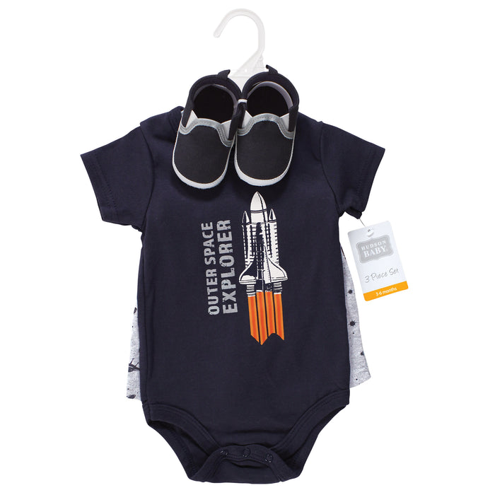 Hudson Baby Infant Boy Cotton Bodysuit, Shorts and Shoe Set, Outer Space
