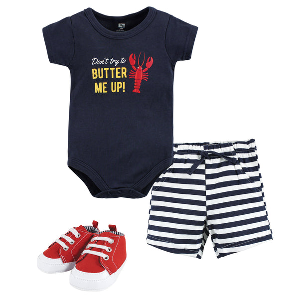 Hudson Baby Infant Boy Cotton Bodysuit, Shorts and Shoe Set, Butter Me Up Lobster