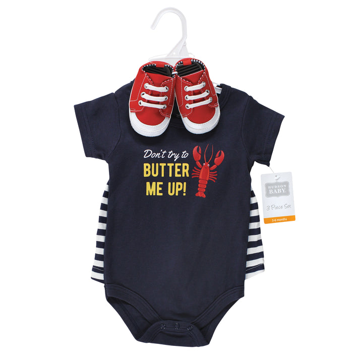 Hudson Baby Infant Boy Cotton Bodysuit, Shorts and Shoe Set, Butter Me Up Lobster