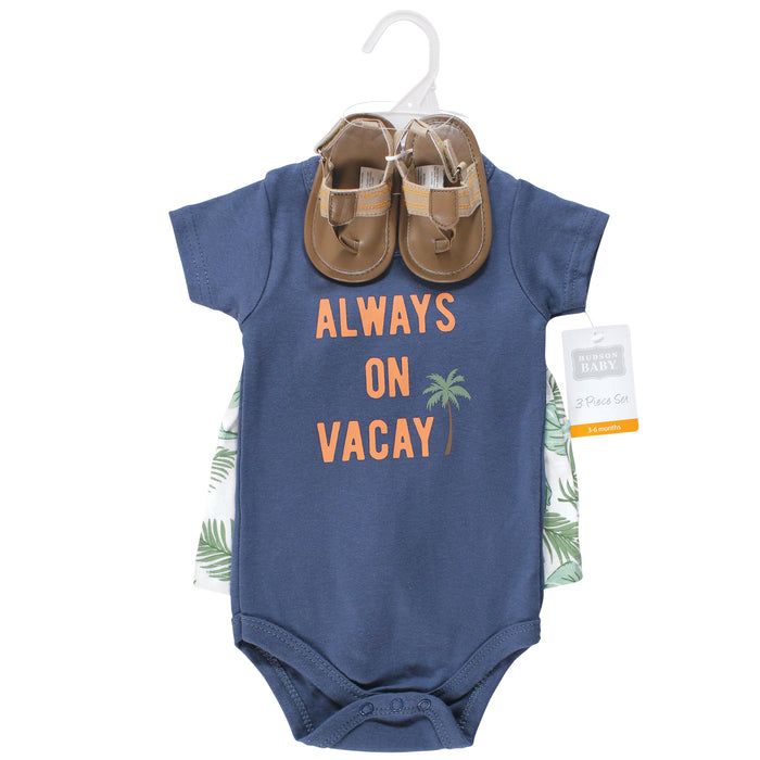 Hudson Baby Infant Boy Cotton Bodysuit, Shorts and Shoe Set, Vacay