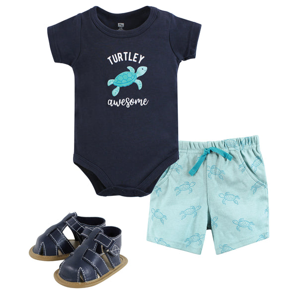 Hudson Baby Infant Boy Cotton Bodysuit, Shorts and Shoe Set, Sea Turtle