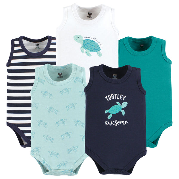 Hudson Baby Infant Boy Cotton Sleeveless Bodysuits, Sea Turtle