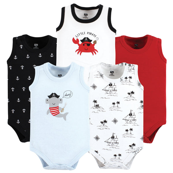 Hudson Baby Infant Boy Cotton Sleeveless Bodysuits, Pirate Shark