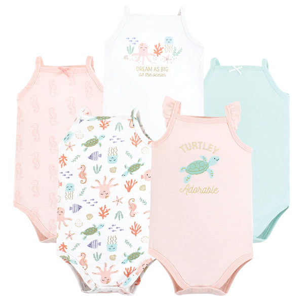 Hudson Baby Infant Girl Cotton Sleeveless Bodysuits, Turtley Adorable