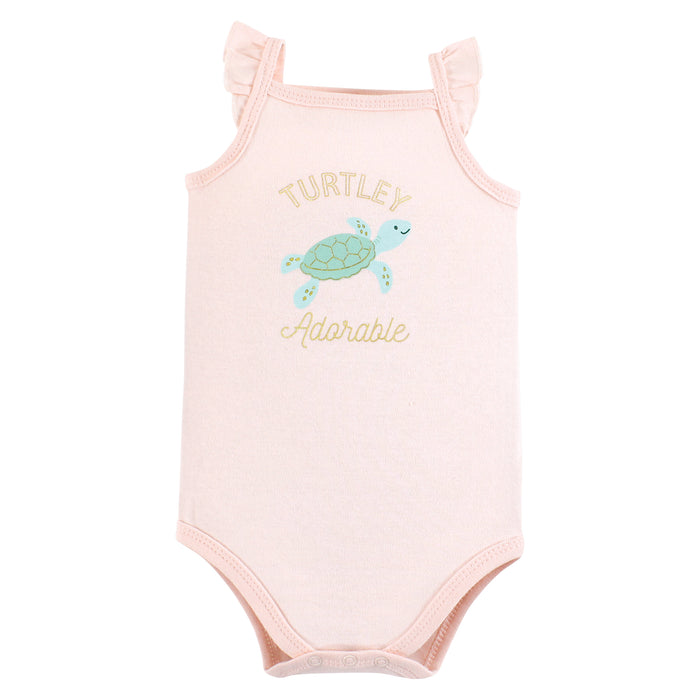 Hudson Baby Infant Girl Cotton Sleeveless Bodysuits, Turtley Adorable