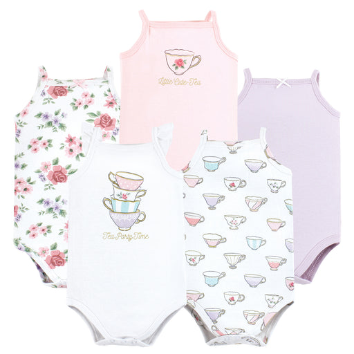 Hudson Baby Infant Girl Cotton Sleeveless Bodysuits, Tea Party