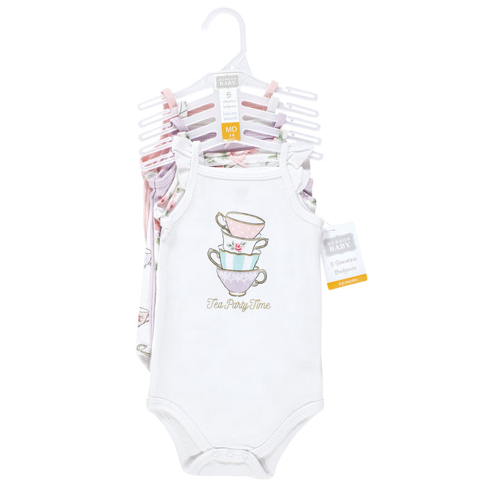 Hudson Baby Infant Girl Cotton Sleeveless Bodysuits, Tea Party