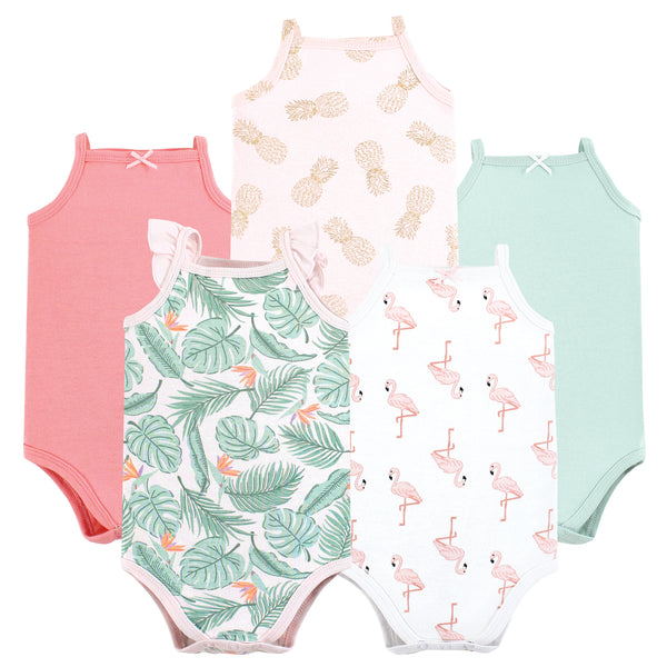 Hudson Baby Infant Girl Cotton Sleeveless Bodysuits, Palm Flamingo