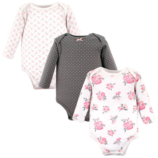 Hudson Baby Infant Girl Cotton Long-Sleeve Bodysuits, Basic Pink Floral