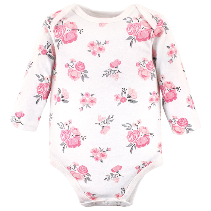 Hudson Baby Infant Girl Cotton Long-Sleeve Bodysuits, Basic Pink Floral