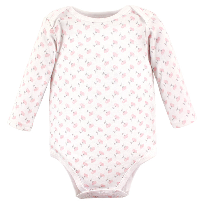 Hudson Baby Infant Girl Cotton Long-Sleeve Bodysuits, Basic Pink Floral