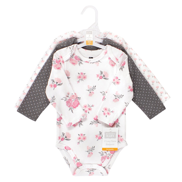 Hudson Baby Infant Girl Cotton Long-Sleeve Bodysuits, Basic Pink Floral