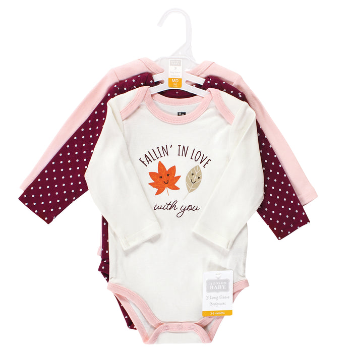 Hudson Baby Infant Girl Cotton Long-Sleeve Bodysuits, Fall 3-Pack