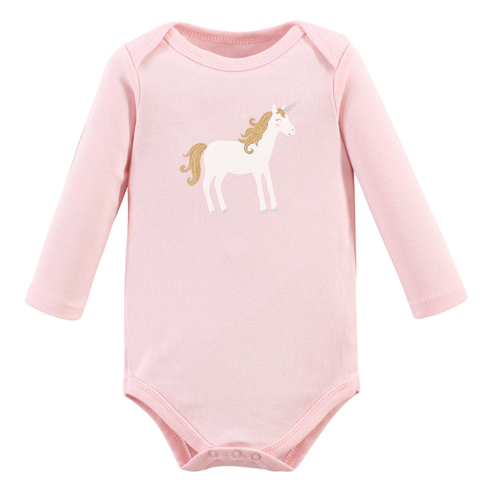 Hudson Baby Infant Girl Cotton Long-Sleeve Bodysuits, Gold Unicorn