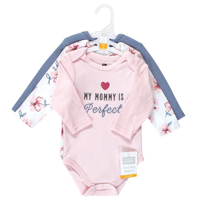 Hudson Baby Infant Girl Cotton Long-Sleeve Bodysuits, Perfect Mommy 3 Pack