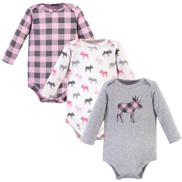 Hudson Baby Infant Girl Cotton Long-Sleeve Bodysuits, Pink Moose