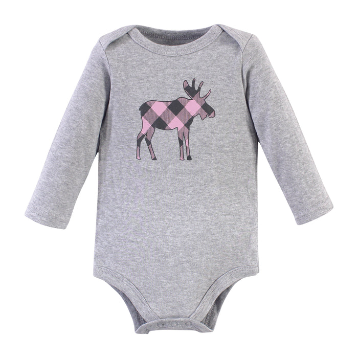 Hudson Baby Infant Girl Cotton Long-Sleeve Bodysuits, Pink Moose