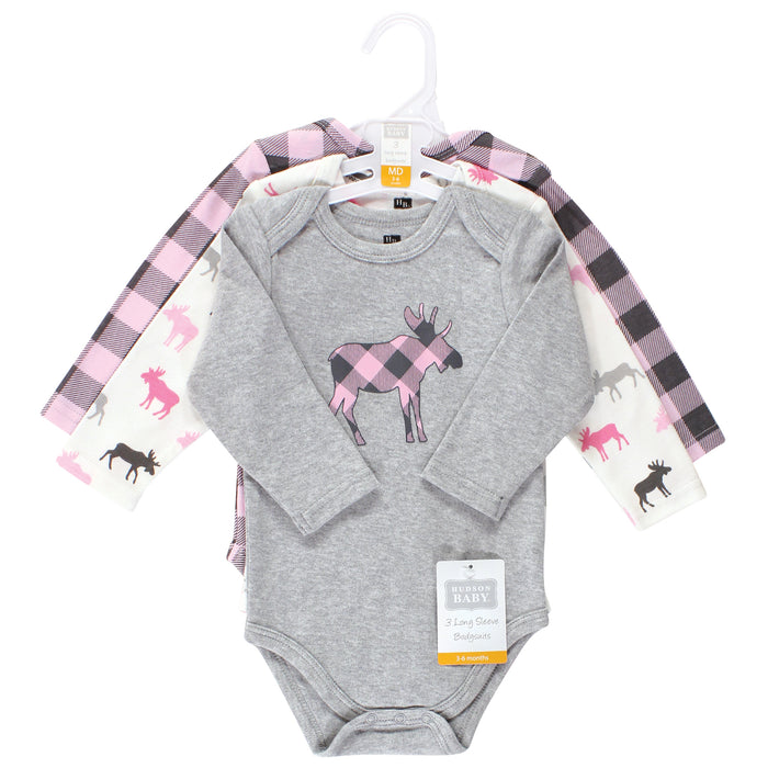 Hudson Baby Infant Girl Cotton Long-Sleeve Bodysuits, Pink Moose