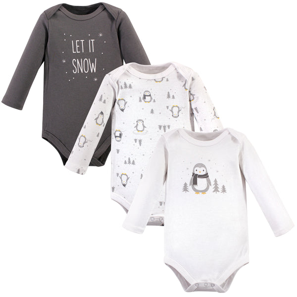 Hudson Baby Cotton Long-Sleeve Bodysuits, Gray Penguin 3-Pack