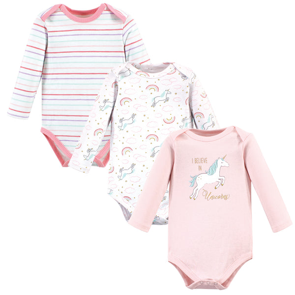 Hudson Baby Infant Girl Cotton Long-Sleeve Bodysuits, Glitter Unicorn