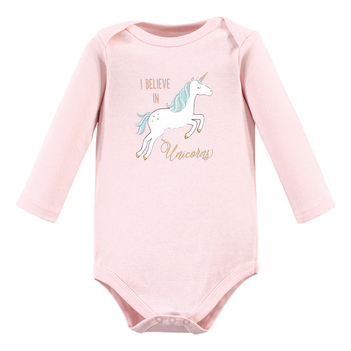 Hudson Baby Infant Girl Cotton Long-Sleeve Bodysuits, Glitter Unicorn